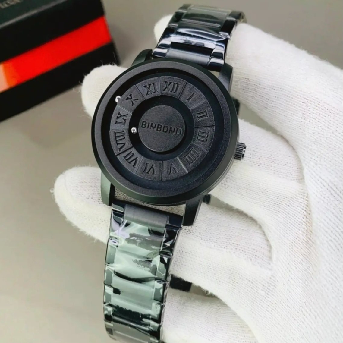 BINBOND Black Magnetic Ball Stainless Steel Watch for Men - Minimalist Unique Roman Dial Wrist Watch